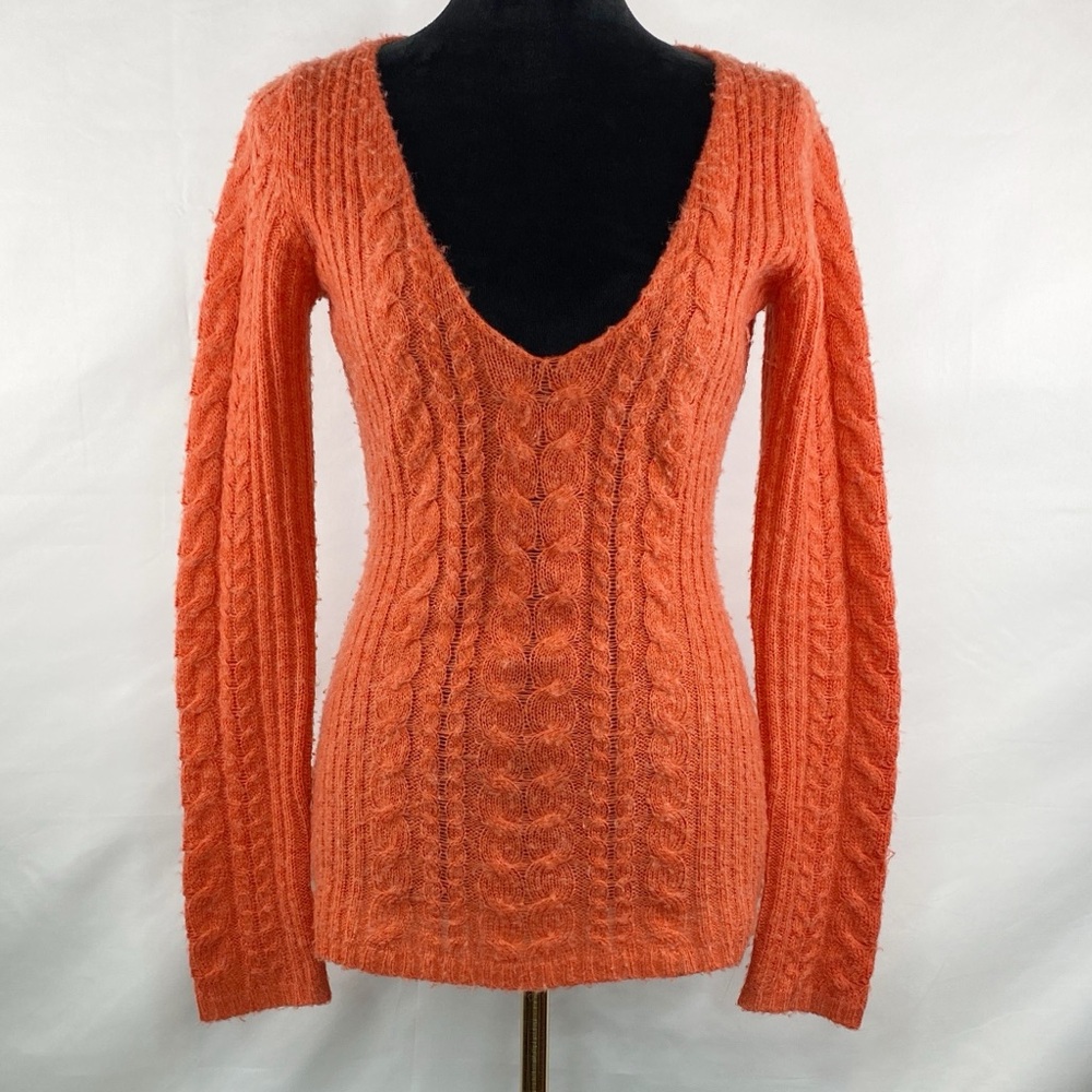 HWR Anthropologie Coral Wool Blend Deep V-Neck Open Cable-Knit Sweater Size M